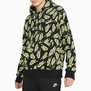 Nike Sport Black Yellow Volt Allover Print Pullover Hoodie Sz Large 